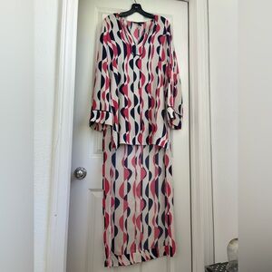 BCBGMaxAzria Cream Dress with Pink White and Navy Wave Print
